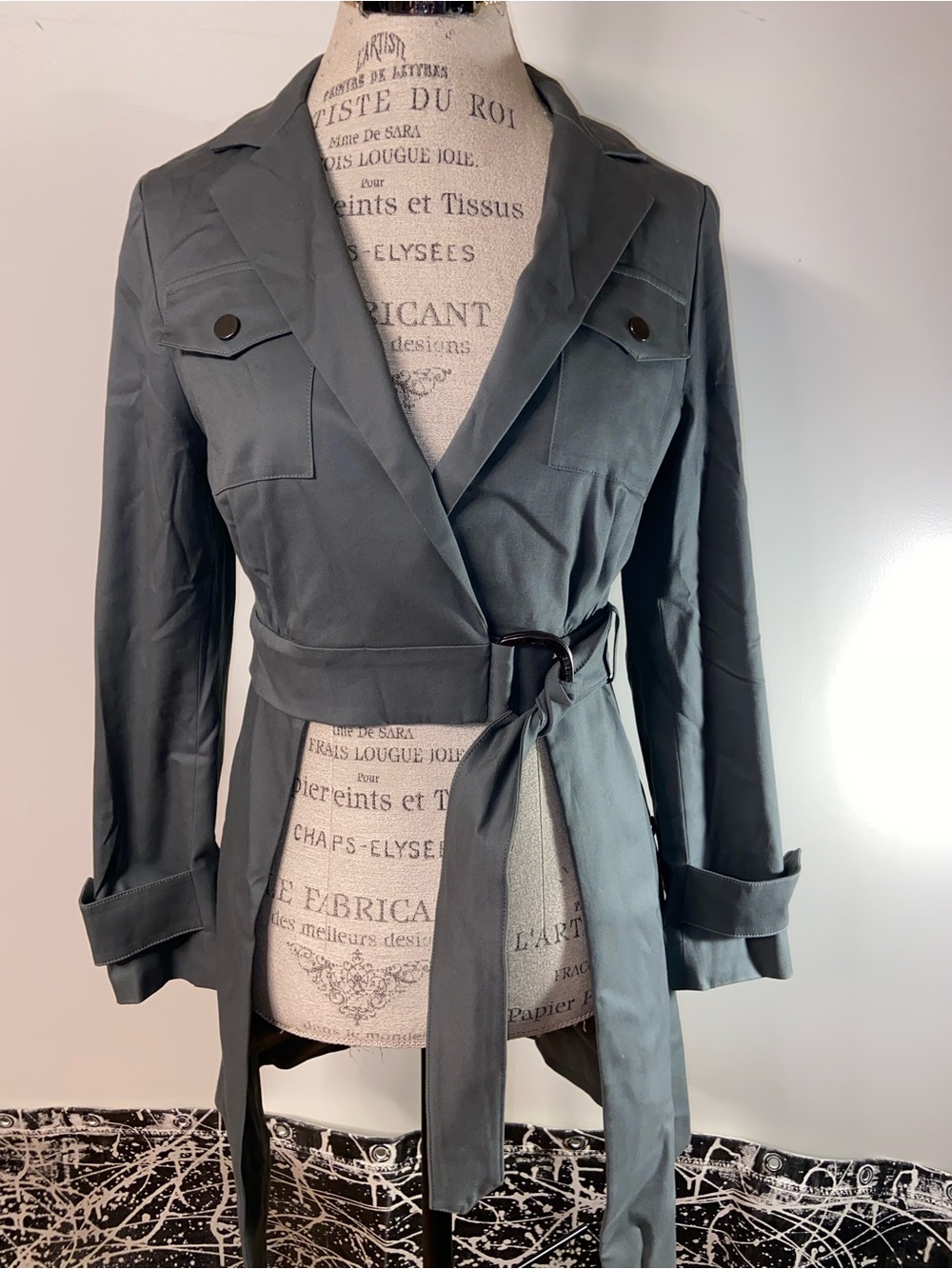 Womens Greenish Gray Belted Trench Jacket zipper to crop jacket